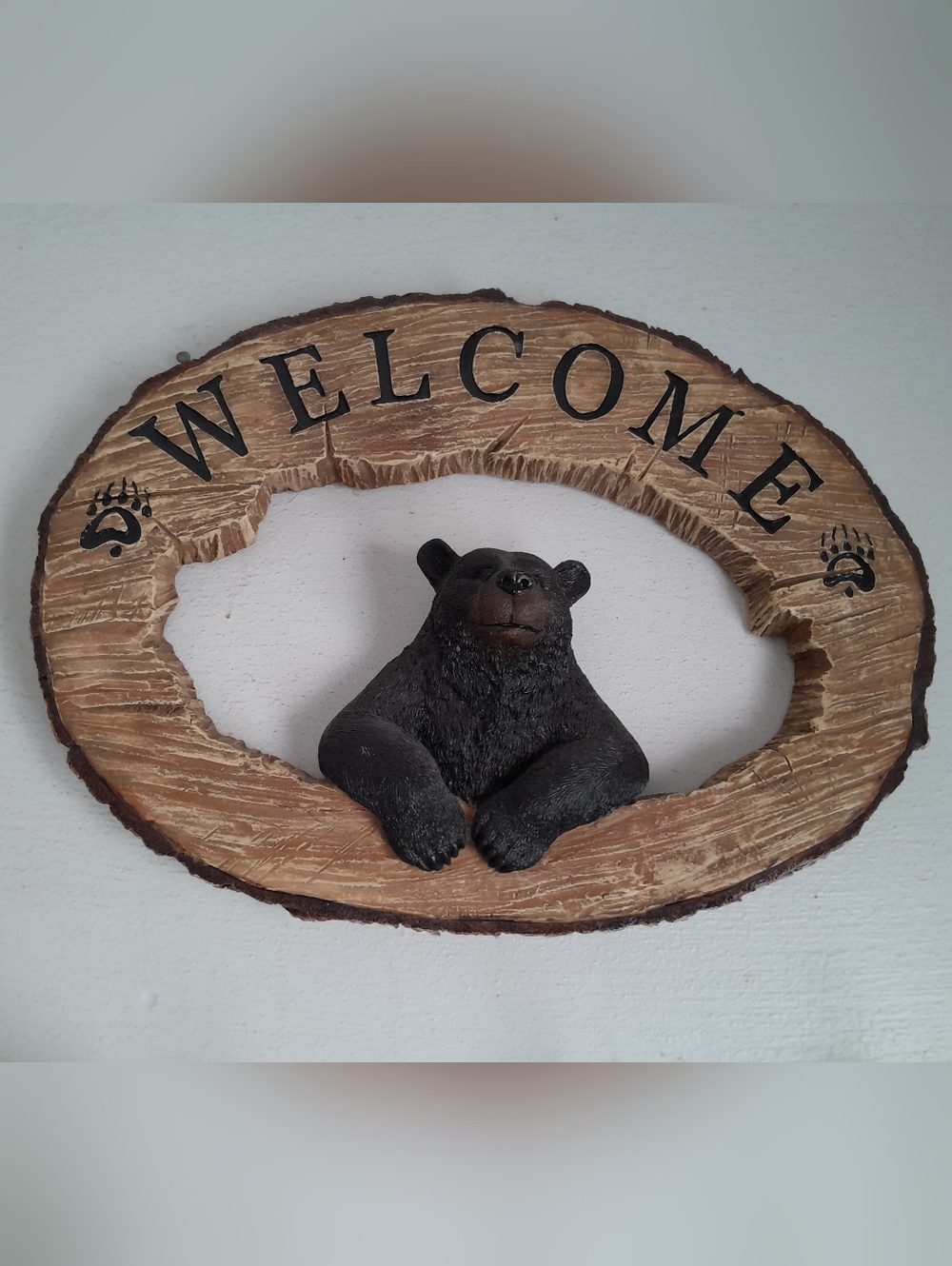 Welcome Bear Wall Plaque - Black Bear with Wood-Tone Frame